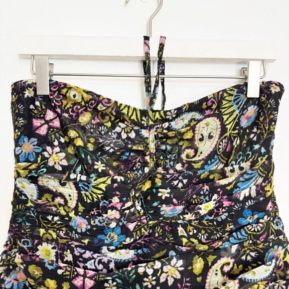 Zara Halter Tie Smocked Ruched Strapless Bodycon Floral Mini Dress Size Small - Picture 4 of 9